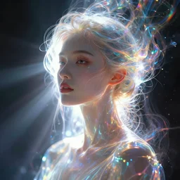 a frontal face portrait of transparent and beautiful elegant entity dissolving in to light, refractive light, caustics, backlit, incredible lighting, strong rim light, highly detailed, god rays, digital painting, HDRI, by Alvaro Castagnet and Dan Mumford, vivid colors, high contrast, 8k resolution, intricate, photorealistic, smooth