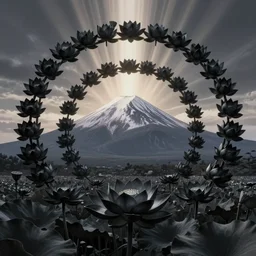a beautiful and detailed picture of a field of black lotus flowers with petals in a fibonacci sequence around mount fuji, in the style of magic the gathering, highly detailed, digital painting, god rays, volumetric lighting, octane render, 4 k resolution, art by hokusai and albert bierstadt