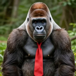 photo of a large brown gorilla with a great smile wearing a red tie