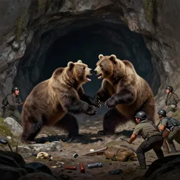 picture of a violent grizzly bear fighting a group of poachers near a cave, art by ismail inceoglu and filip hodas. matte painting, chiaroscuro, vaporwave