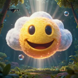 fantastical vibrant bulbous weird smiley face emoji shaped cloud with holes for eyes and mouth, in a nature scene, cybernetic symbiosis, high definition, rays of light breaking behind the emoji, drone camera lens orbs, 3 point lighting, highly detailed twinkling lights, natural color scheme, photo still from movie by denis villeneuve