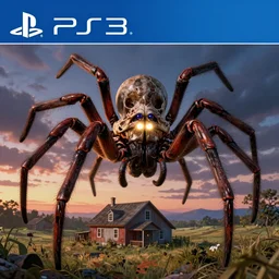 giant skull spider with bright glowing eyes hovering over a farm house at dusk, ps2 boxart