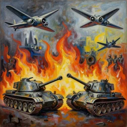 a painting about war in the style of Pablo Picasso, fire, tanks, warplanes, soldiers, high quality, abstract painting