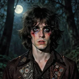 a beautiful but sinister young man in layers of fear, with haunted eyes and wild hair, 1 9 7 0 s, seventies, woodland, a little blood, moonlight showing injuries, delicate embellishments, painterly, offset printing technique, by walter popp