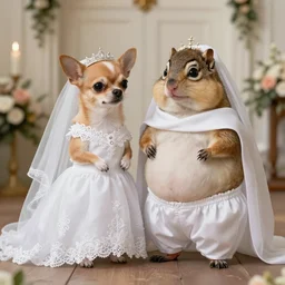 “a chihuahua and a chipmunk being married in holy matrimony. The chipmunk is overweight and wearing pants that are too small.Trending on art station.”