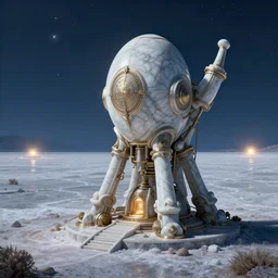 beautiful digital fantasy illustration of a Birth Machine, keeping vigil over the salt flats, lights in the night, highly detailed, soft lighting, rendered in octane, masterpiece, very very very aesthetic, exquisite marble details