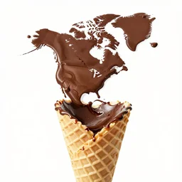 an ice cream cone with chocolate syrup that looks like north america