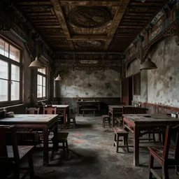 dull, abandoned photograph, ornate chinese restaurant interior, two-point perspective