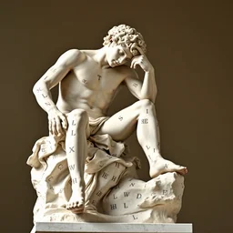 the statue david from michelangelo sitting on his pedestial with his head low with a hangover