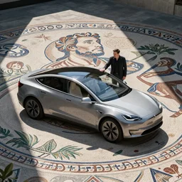 a beautiful roman mosaic of elon musk unveiling a new tesla car
