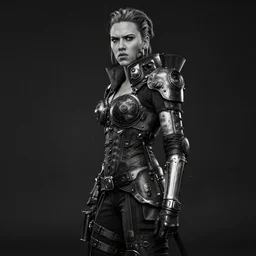 angry scarlett johansson as steam punk bandit intricate detail portrait, dramatic lighting hyper detail, black and white, full body profile