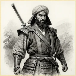 Kurdish samurai, detailed charcoal sketch, realistic, incredibly detailed, award winning art, cinematic, extremely high detail, concept art