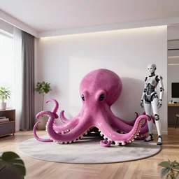 cool trendy apartment interior, with octopus monster, android woman, extremely detailed, sharp focus, wide view, full body shot, smooth, digital illustration, by james jean, by rossdraws, moebius, frank franzzeta, mcbess, sakimichan