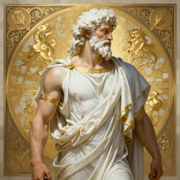 painted back portrait of rugged zeus greek god by greg rutkowski craig mullins artgerm alphonse mucha, white and gold, white hair handsome muscular upper body mature opulent flowing robe [ ancient greek motifs background ] background fantasy intricate elegant detailed digital painting concept art artstation sharp focus illustration