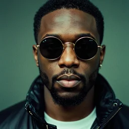 photo, black man in memphis tennessee, moncler jacket, circular sunglasses, extreme close up portrait, kodak ektachrome, greenish expired film, award winning, low contrast