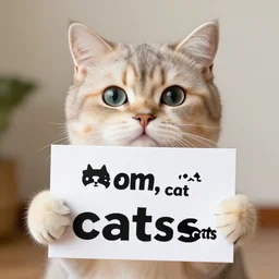 realistic high quality photo of a cute cat holding a sign with text that reads : dream, cat, cas, cats cat dreamcats, catss