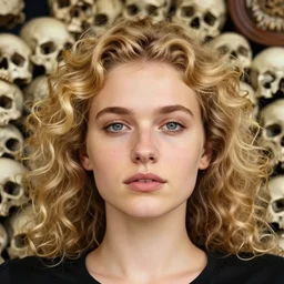 front editorial photo of lying in bones european female in bazaar, blonde, curly hair, clean big eyes, symmetrical beautiful face, clean skin, jewelry, native costume and accessories,, fashion editorial photography, hyperrealistic, from vogue magazine, ultra realistic, artgerm, reflections, gold, teal, orange