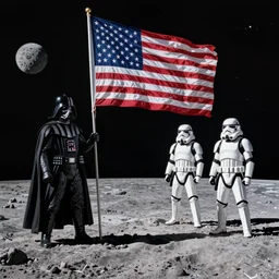 darth vader and 2 stormtroopers planting the american flag on the moon, apollo 1 1 photo, ground level, high contrast