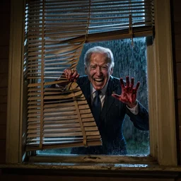 a zoomed out photo taken from the inside of an old house, showing window blinds being pulled back to reveal a terrifying joe bidenwith his unhinged face pressed against the window and his bloody hands placed on the window, horrifying grin. horror, raining, night time