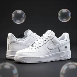 all white, 3 d airforce 1 product photo with leather embellishments, distorted nike tick, 3 d bubbles from raf simons ozweego, product render, design sample, octane render, high definition, sneaker photography, photorealistic