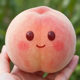 a peach fruit that has princess peach's face on its surface.