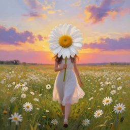 daisy flower as a face, girl walking in flower field, holding daisy, surreal photography, sunrise, impressionist painting, colorful clouds, digital painting, artstation, simon stalenhag, flower face