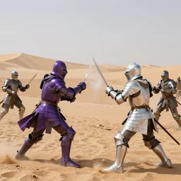 war between knights in purple armor and knights in white armor fighting in a desert, fear, war, destruction, detailed, hyper realistic, cinematic, wide angle,