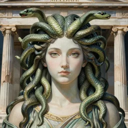 medusa portrait in glorious greek temple, snake hair, beautiful female gorgon, symmetrical face, beautiful eyes, fine art, art nouveau masterpiece, semi realistic anime, museum quality work, art style of John Collier, Moebius, Studio Ghibli, cinematic, widescreen, 4K
