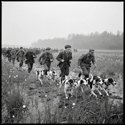 movie still by tarkovsky of a crowd of hunters and dogs running in a swamp with muguets in may, cinestill 8 0 0 t 3 5 mm b & w, heavy grain, high quality, muddy, foggy