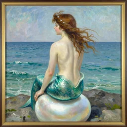 vintage beautiful painting of a mermaid looking with the back at the sea sitting on a white pearl in Mary Cassatt style