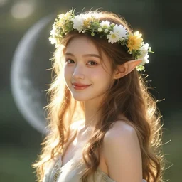 portrait, stunning ethereal half - elf adventurer, made of sunlight and moonbeams, gently smiling with a crown of flowers, realistic, award - winning photography, glowing