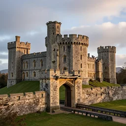 decayed british castle at dawn with stone architecture, massive gates, tower keep, drawbridge, crumbling infrastructure by greg rutkowski, artstation and frank lloyd wright, extremely hyperdetailed, intricate construction, ramparts, battlements, mountains, clouds, uhd