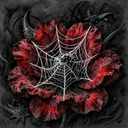 demonic charcoal drawing of webs in a red flower by jeremiah ketner | horror themed | creepy