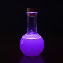 a glass flask containing glowing magical opaque purple liquid with a cork top in a completely dark room
