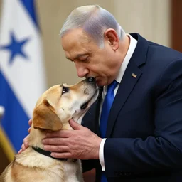benjamin netanyahu kissing a dog, photorealistic, detailed