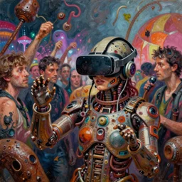 rave party, cybertronic gadgets and vr helmet, flesh + technology, durty colours, long shot, rotten textures, rusty shapes, biotechnology, norman rockwell, tim hildebrandt, dariusz zawadzki, bruce pennington, larry elmore, hyperrealistic oil painting on wood, deep depth field, masterpiece, cinematic composition, hyper - detailed, hd, hdr