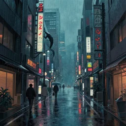Cyberpunk street on a rainy day in Japan, low angle view, detailed matte painting, cinematic, Moebius, Artstation