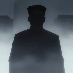 kim jong - il silhouette, pyongyang, fog, in the style of ghost in the shell by mamoru oshii