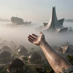 arm reaching out of thick fog, village of huts in background, smooth architecture, organic, sophisticated, zdzislaw beksinski, architecture of frank lloyd wright, zaha hadid, norman foster