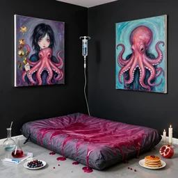 empty room with black walls and a futon, berry juice dripping, a portrait of an emo girl holding an octopus, intravenous drip, wilted flowers, pomegranate, pancakes, berries, surgical supplies, scientific glassware, candles, neo - expressionism, surrealism, acrylic and spray paint and oilstick on canvas