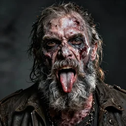 hyper realistic photo portrait bearded zombie tongue out cinematic, greg rutkowski, james gurney, mignola, craig mullins, brom