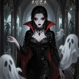 beautiful vampire goth woman with red eyes surrounded by ghosts and shadows in a hallway of mirrors, Takato Yamamoto, award winning illustration, character concept