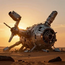 huge crashed old space station wrekage on epic cinematic still photography of sun glowing on the dessert during sunset, silhouettes of people, comics style, peter chung, aeon flux