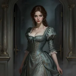 a beautiful brown - haired young woman with an sexy old dress of the 1 9 th century in in the entrance of the house of horrors, intricate, elegant, highly detailed, digital painting, artstation, concept art, smooth, sharp focus, illustration, ethereal, misty, by ilya kuvshinov and jeremy mann, 8 k, octane render