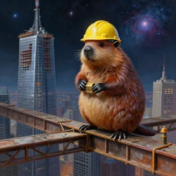 a beaver that is dressed like construction worker, standing on a girder on a skyscraper under construction, wearing a hardhat cosmic horror painting, elegant intricate digital painting artstation concept art by mark brooks and brad kunkle detailed