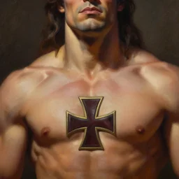 hercules from marvel comics, closeup portrait, sci fi, fantasy, intricate, with german iron cross on bare chest, elegant, loin cloth, highly detailed, oil painting, artstation, concept art, matte, sharp focus, illustration, hearthstone, art by earl norem