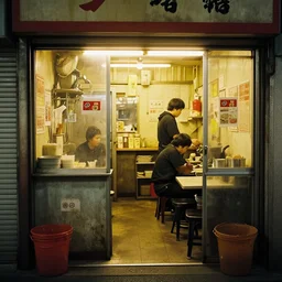 inside small dirty fast food snack bar in tokio, yellow lighting, photography by emily soto, highly detailed