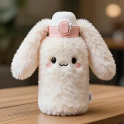 a fluffy cute plush water bottle with very long ears 8 k, hd