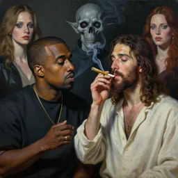 surrealist hyperrealistic oil painting of kanye west smoking a joint with jesus christ, detailed, by rembrandt van rijn, lisa frank, hr giger, beksinski, anato finnstark!!, 8 k resolution, beautiful lighting, studio light, extremely detailed, establishing shot, realistic materials, hyperrealistic