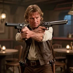film still of clint eastwood man with no name as han solo aiming a colt gun in new star wars, inside a tavern, 4 k